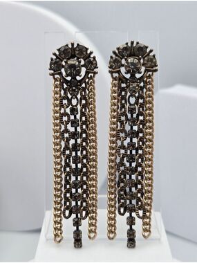 Stella & Dot Cleo Fringe Earrings Mixed Metal Chain Rhinestone Statement 3"